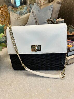 Vintage Talbots rattan wicker black white leather crossbody
